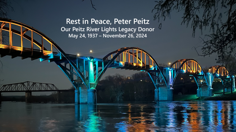 Blue and Gold Bridge lighting with Rest in Peace, Peter